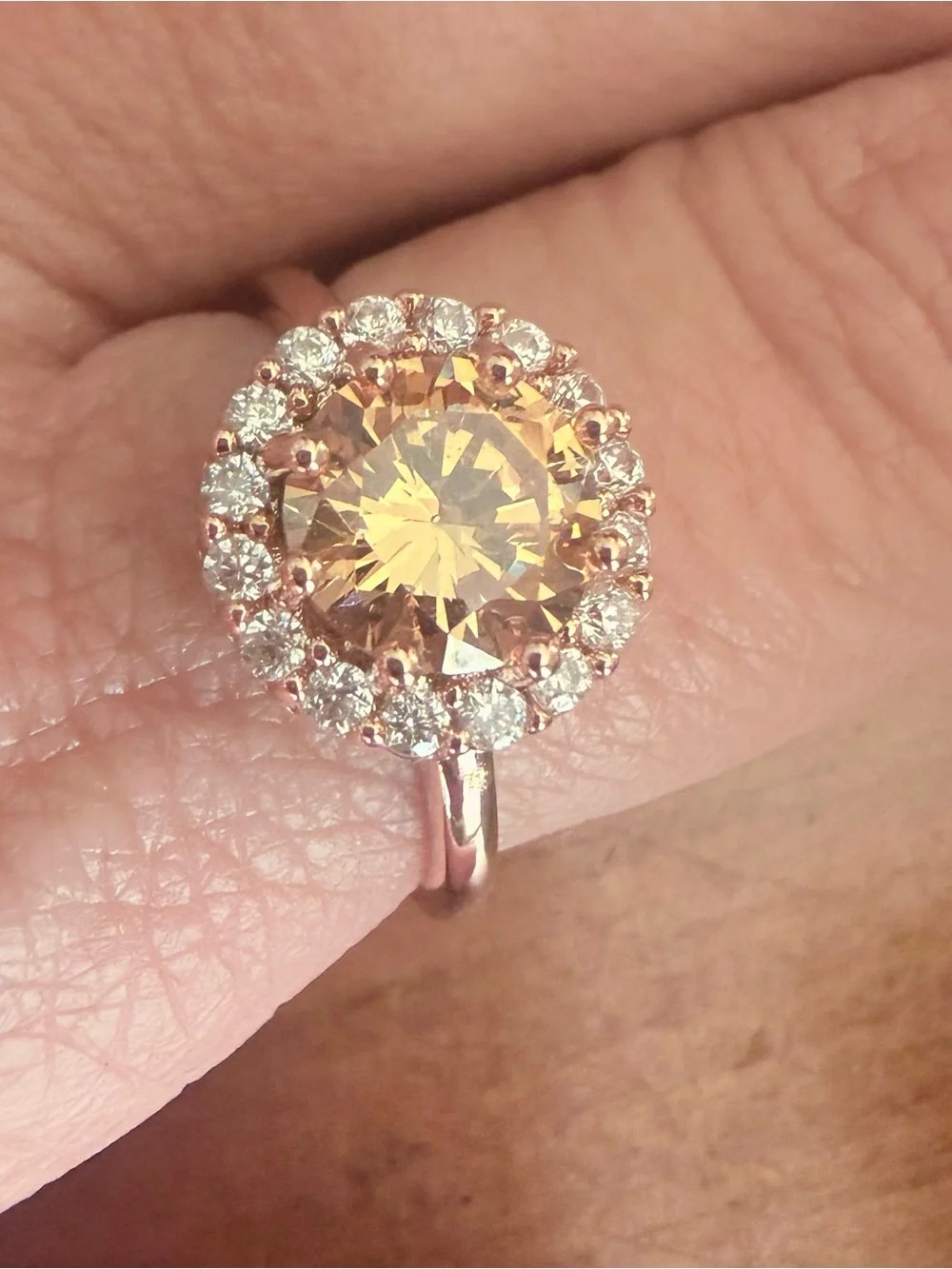 Rose Gold Halo Cocktail Ring with Champagne Center Stone